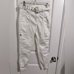 White Ankle Cargo Pants with Belt - Women